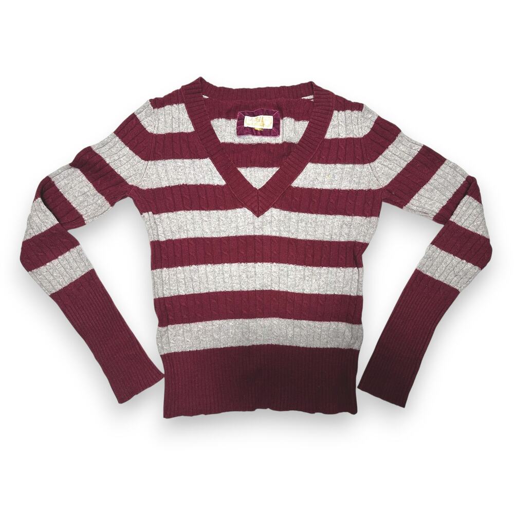 Vintage American Eagle Outfitters Gray/ Maroon Striped V-neck Sweater